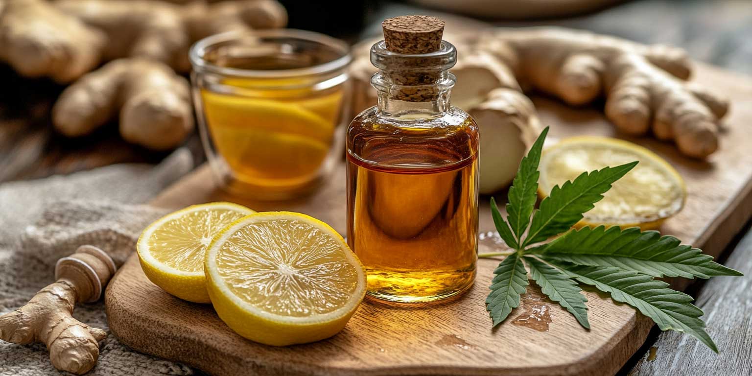 Cannabis tincture next to tea and ginger – natural setup exploring does weed cause gastritis