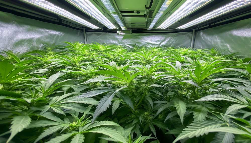 Healthy cannabis plants in the vegetative stage developing broad fan leaves and multiple branches.