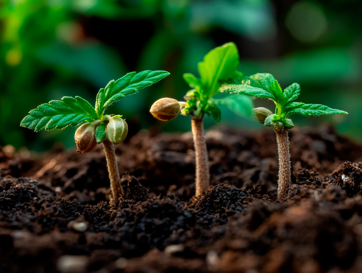 Close-up shot of cannabis seeds germinating in soil to illustrate seed bank processes