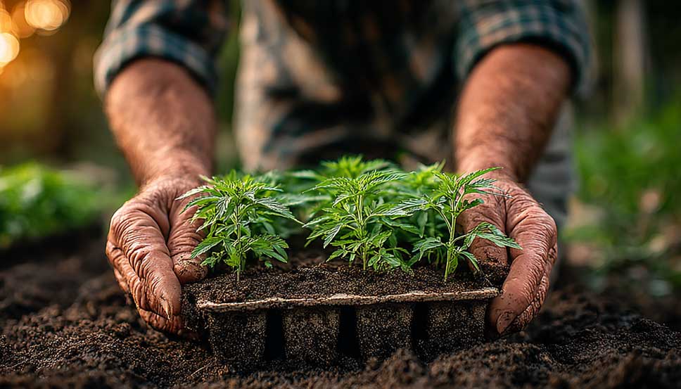 Hands gently transplanting cannabis seedlings into rich soil during the cannabis grow season, bathed in soft morning light