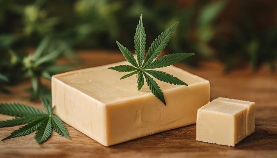 Melted hash butter in a glass jar on a rustic kitchen counter