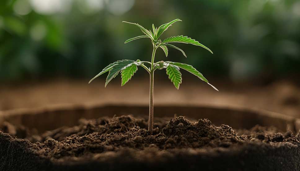 Maceta de tela negra destacada en primer plano con planta de cannabis autofloreciente