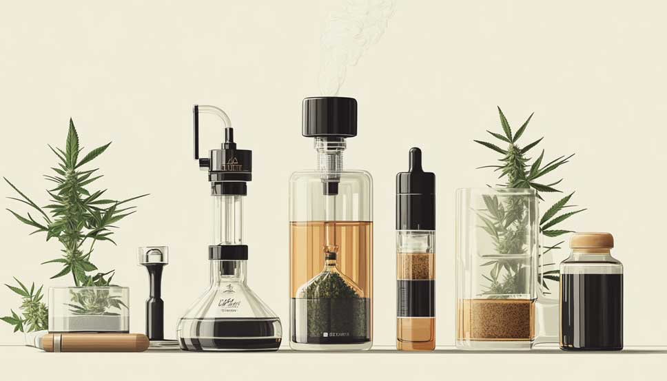 Different marijuana concentrate consumption methods including vaporizer pens, desktop vaporizers, hash pipes, and dabbing rigs with vapor.