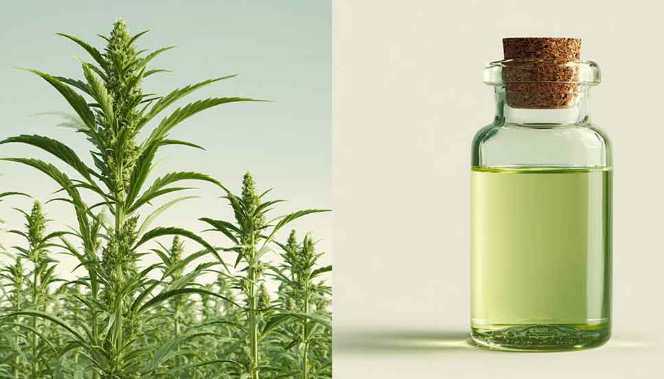 Realistic split image of hemp plant with leaves and seeds on one side and CBD oil bottles on the other, illustrating what is the difference between hemp and CBD.